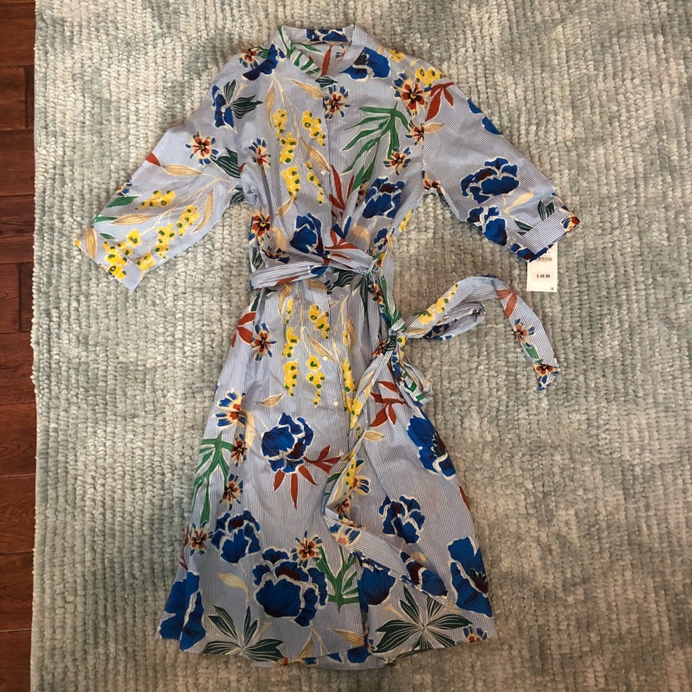 Zara Basic FLORAL AND STRIPED PRINT DRESS sz Lg